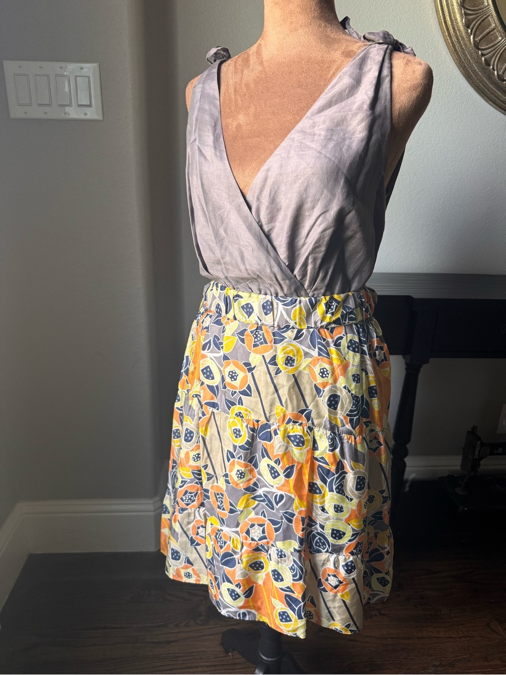 Theme Silk Cotton Tie Shoulder Dress Floral Print Open Back Size Large